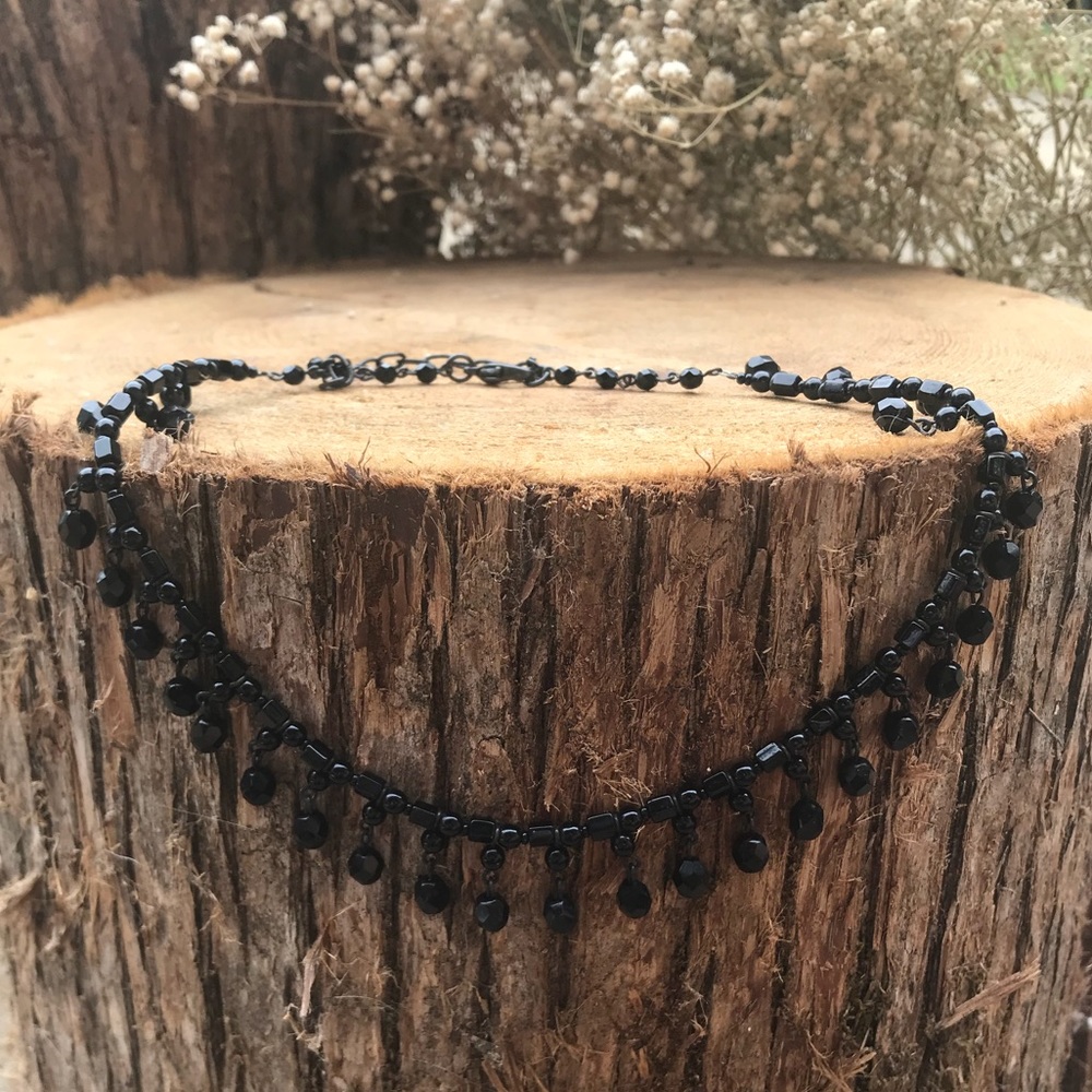 Black Beaded Hanging Necklace